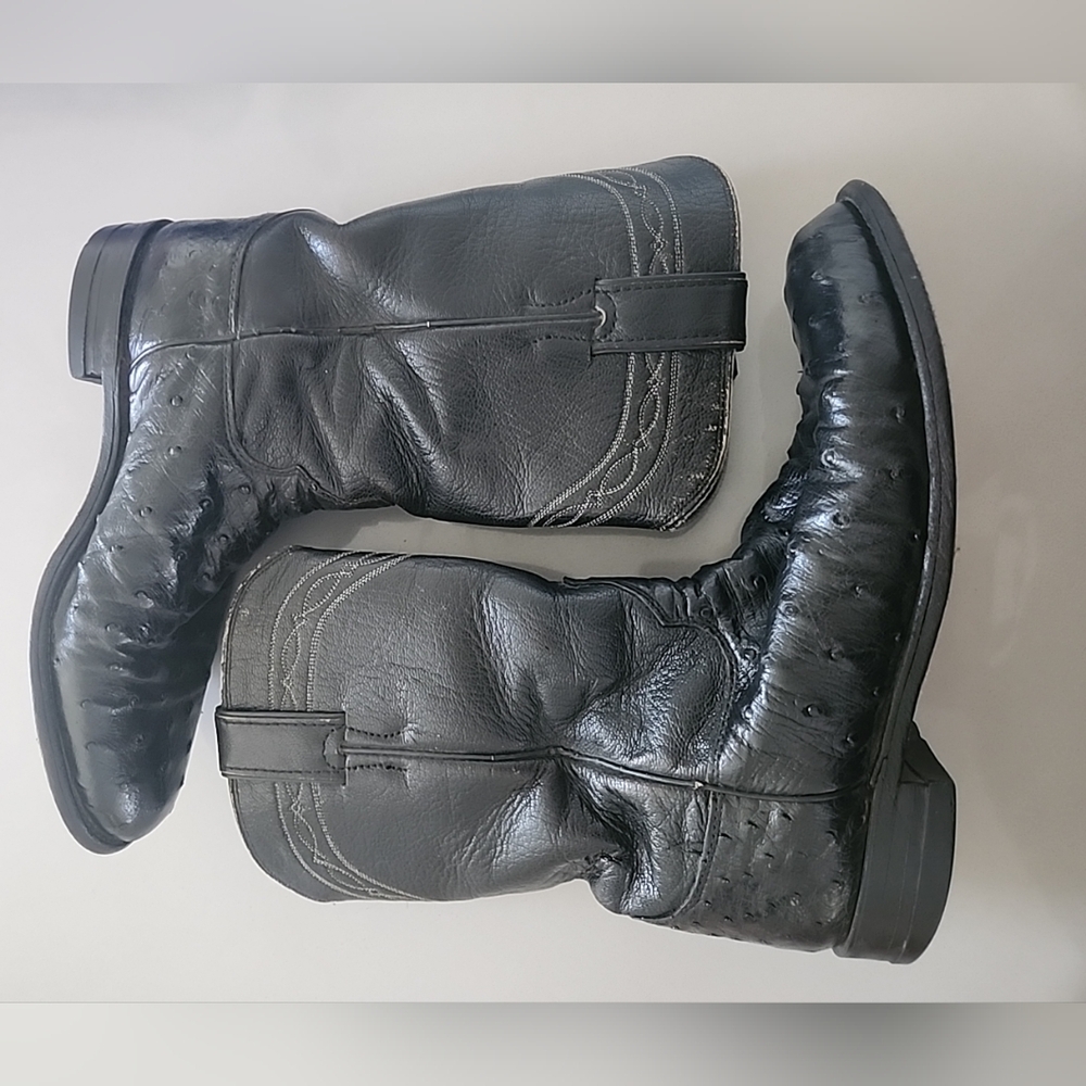 Justin Men's Black Ostrich Western Roper Cowboy Boots USA Sz 7.5 B